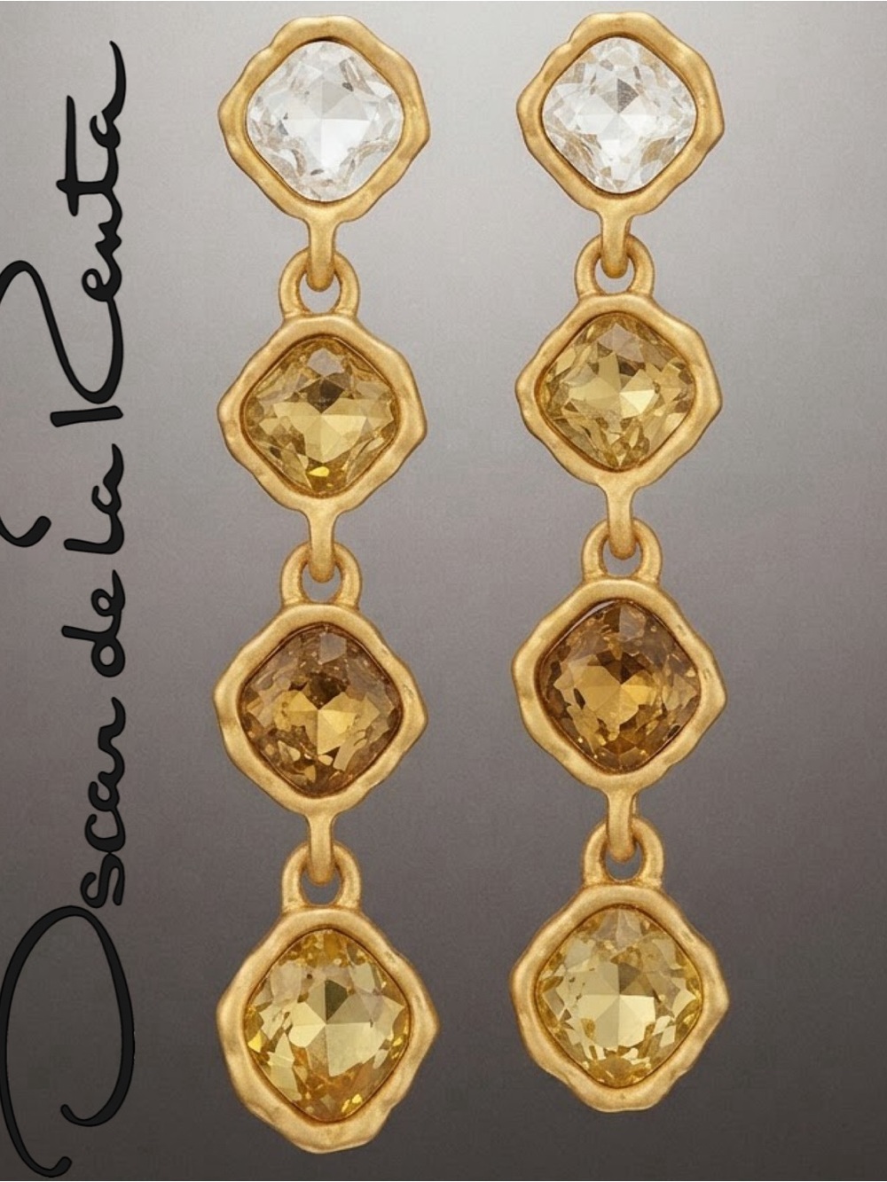 Oscar de la Renta Earrings Gold-Tone TOPAZ COMBO CRYSTAL Dangle Drop ✨POST
